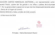 Agradecimiento de Cáritas de Mutxamel